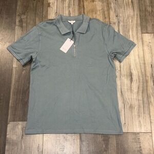 Reiss Polo Shirt Mens Medium Seafoam Green Zip Neck Short Sleeve Cotton Stretch
